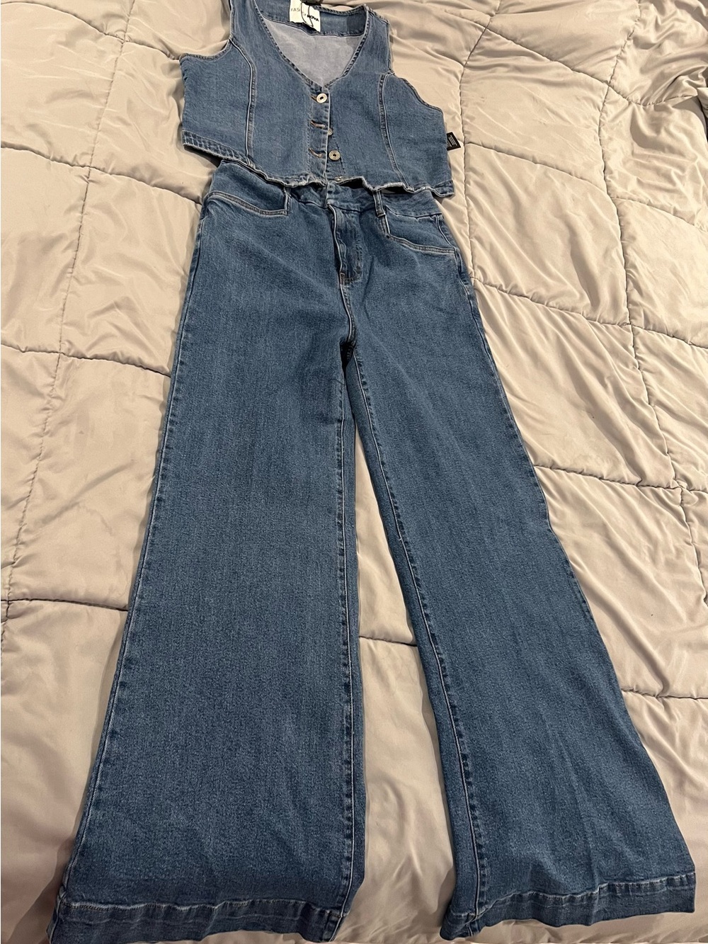 Fashion Nova Women's Western Denim vest and Trouser Flare Jeans-medium wash